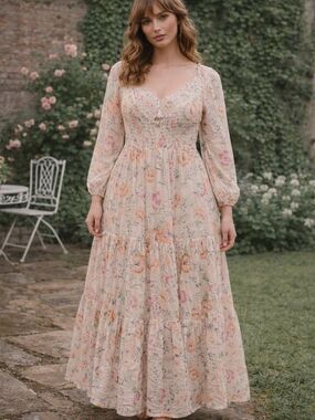 Pantel Montreal Vintage Floral Maxi Dress Size 13 Boho Cottagecore Smocked Bust